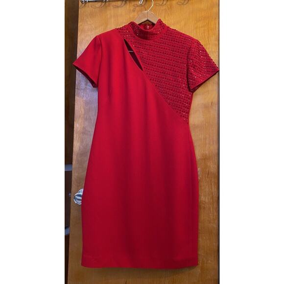 Vintage 90s Does 60s Red Beaded Valentines Dress Mini Mod cocktail Sheath Sz 6 - Picture 1 of 10